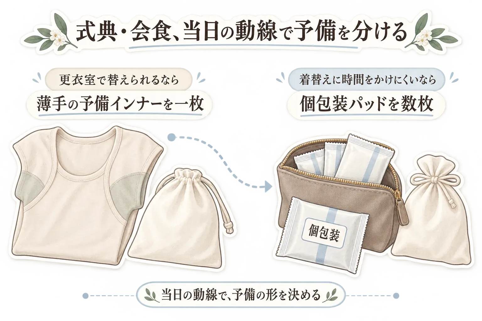 秋の式典や長時間の会食での汗対策を、着替え場所が使える場合は予備の半袖インナーへ交換し、着替えに時間をかけにくい場合は個包装の脇汗パッドを交換する2つの準備ルートとして示す図。