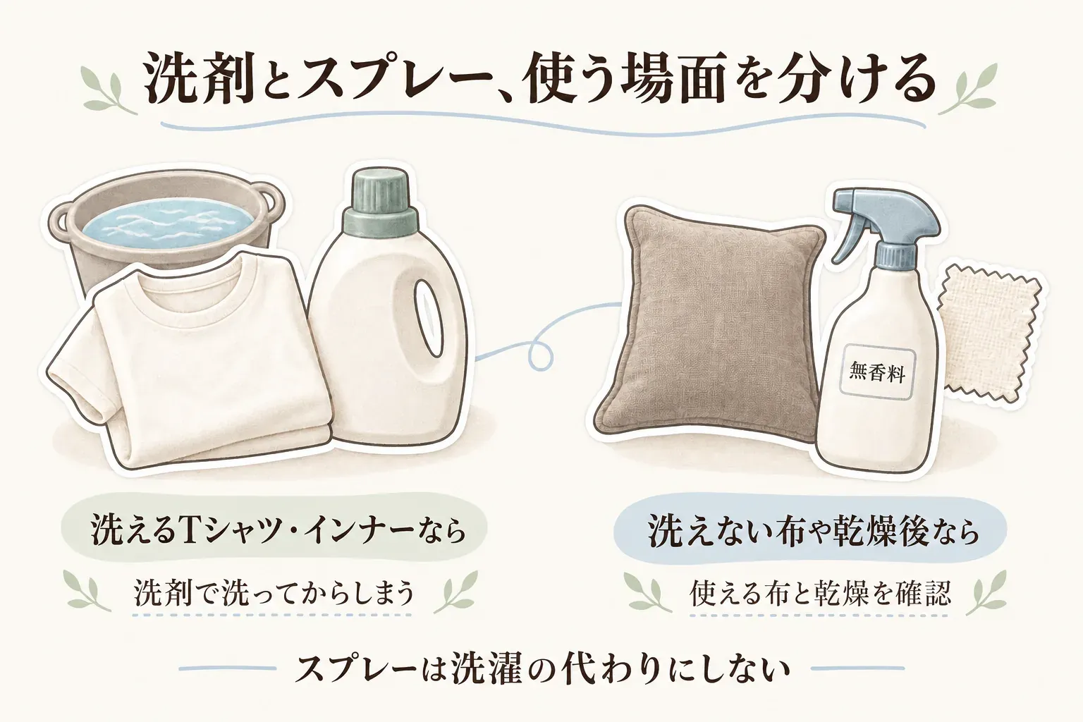 洗剤と衣類用消臭スプレーの役割分担を示す図。洗えるTシャツ・インナーは洗剤で洗ってから収納し、洗えない布や乾燥後に使う場合は無香料スプレーの使用対象と乾燥を確認する。スプレーは洗濯の代わりにしないことを示している。