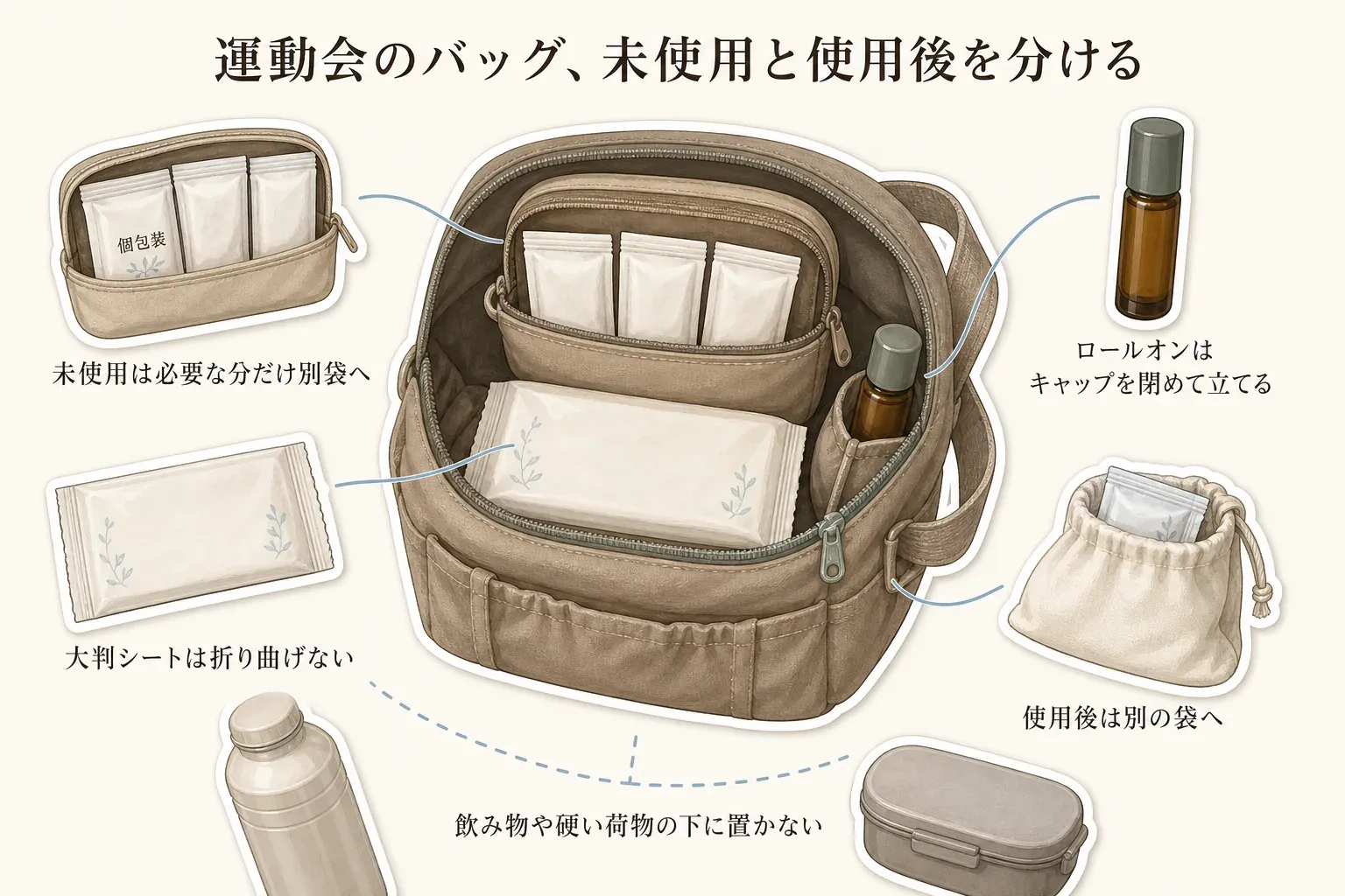 運動会用バッグの仕分け図。未使用の個包装ボディシートは小さなポーチや袋に入れ、使用後のシートや容器は別袋に戻す。ロールオンはキャップを閉めて立てて入れ、飲み物や硬い荷物の下に置かないようにすることを示している。
