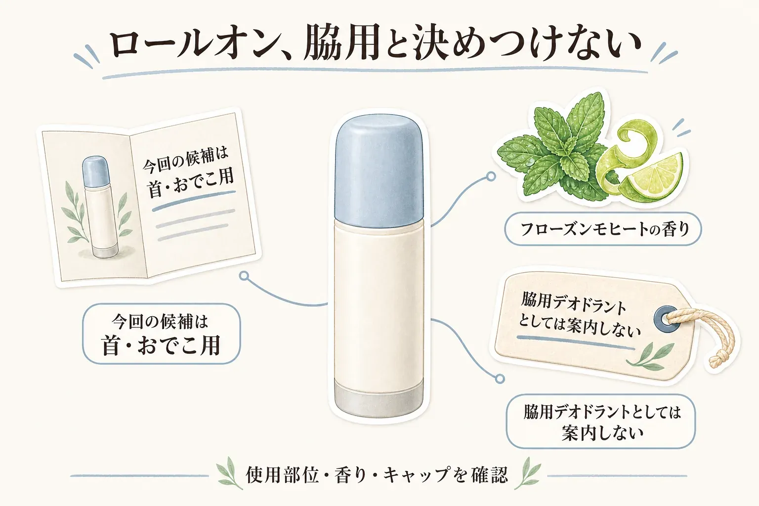 ロールオンタイプの携帯用品を選ぶ前の確認図。商品名にロールオンとあっても、脇用デオドラントか首・おでこ用の冷感用品か、香りの有無、キャップを閉めて立てて保管できるかを確認する流れを示している。
