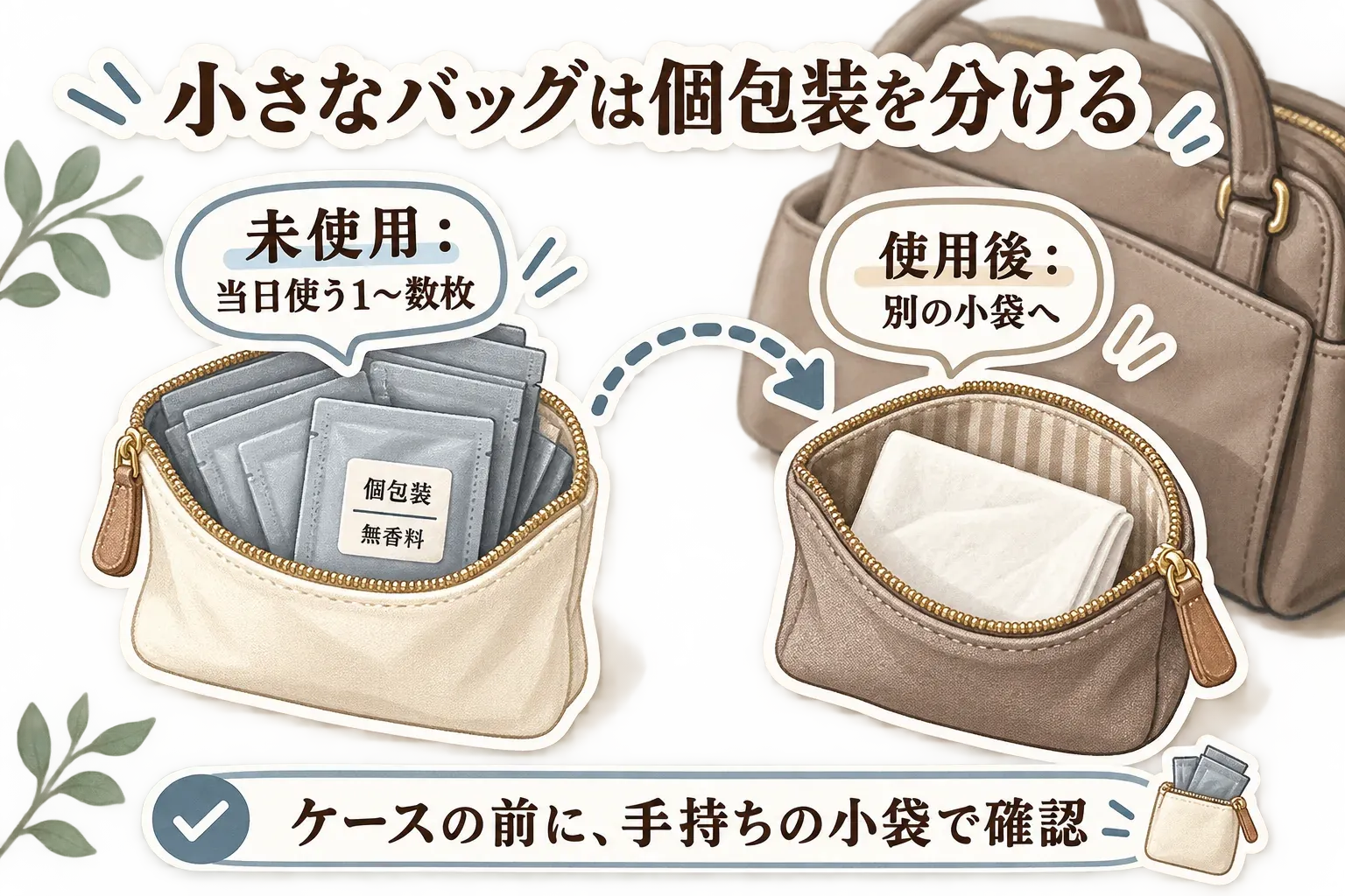 小さな通勤バッグで個包装の無香料シートを分ける図。未使用品は当日使う1〜数枚を小袋に入れ、使用後のシートは別の小袋へ入れ、ケースを買う前に手持ちの小袋で仕分けることを示している。