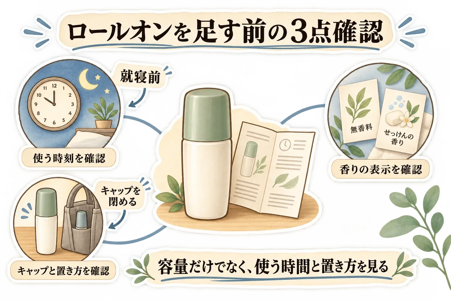 ロールオンを足す前の3点確認を示す図。就寝前など使う時刻、無香料・せっけんの香りなど香りの表示、バッグへ入れる際のキャップの閉まりと置き方を確認し、容量だけでなく使用時間と保管方法を見るよう案内している。