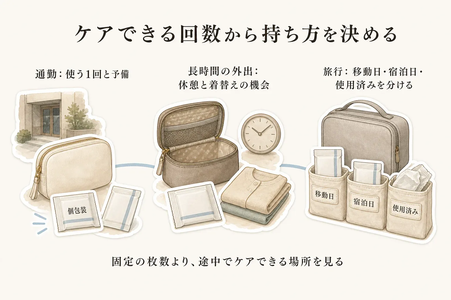 通勤・長時間の外出・旅行でボディシートの持ち方を分ける図。通勤は使う1回と予備、長時間の外出は休憩と着替えの機会、旅行は移動日・宿泊日・使用済みの袋を分け、固定の枚数より途中でケアできる場所を見ることを示している。