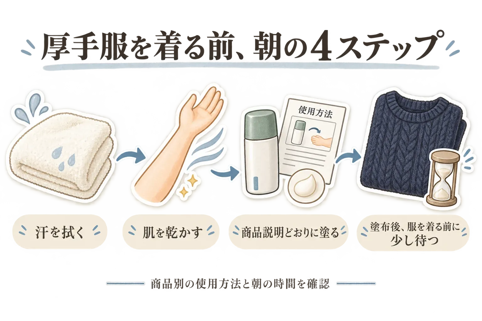 厚手服を着る前の朝の4ステップを示す図。汗を拭き、肌を乾かし、商品説明どおりにデオドラントを塗り、塗布後に服を着る前に少し待つ流れと、商品別の使用方法と朝の時間を確認することを示している。