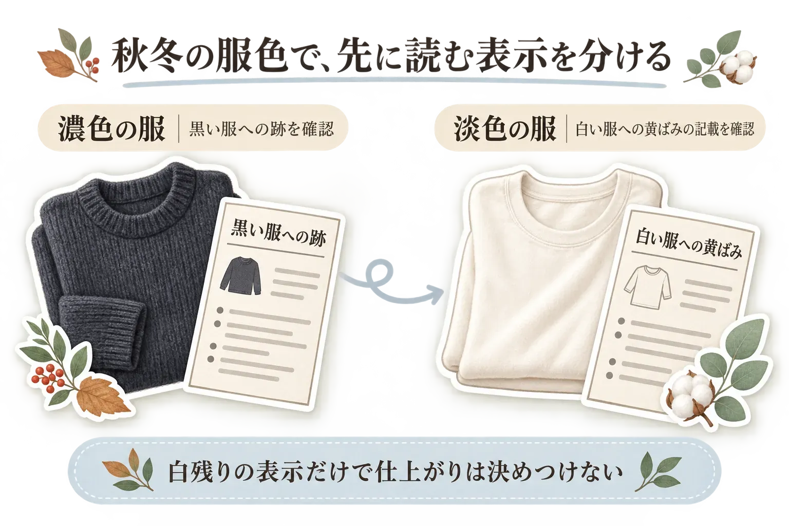 秋冬の服色で確認する表示を分ける図。濃色の服では黒い服への跡、淡色の服では白い服への黄ばみの記載を確認し、白残りの表示だけで仕上がりを決めつけないことを示している。