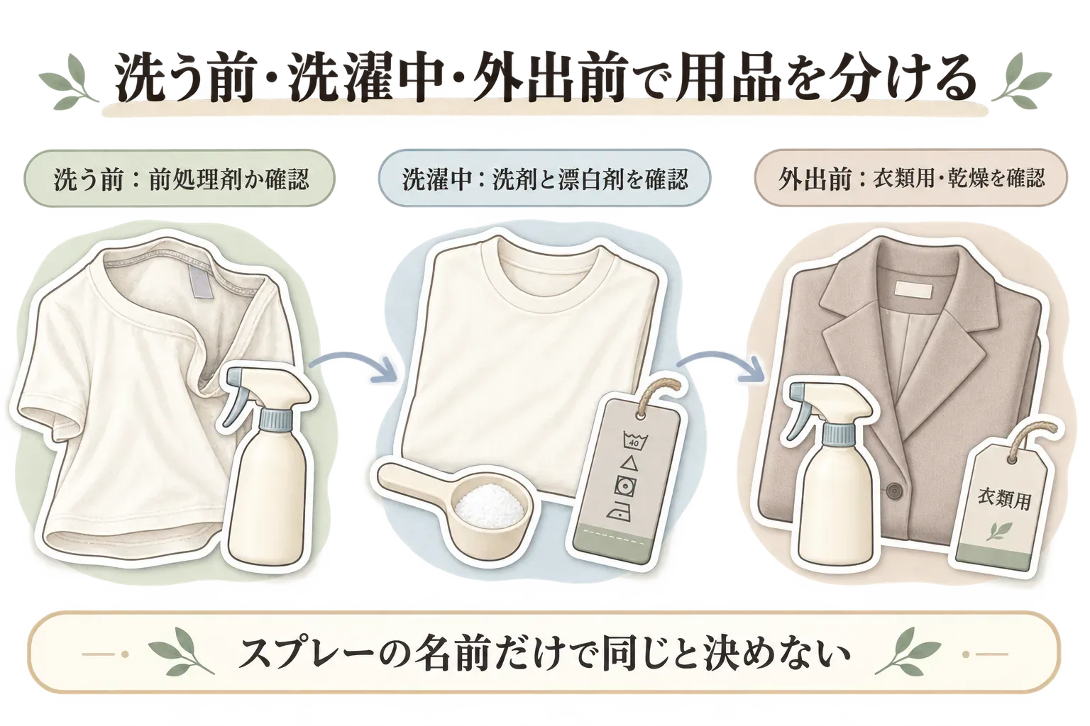 洗う前・洗濯中・外出前で用品を分ける図。洗う前はTシャツの気になる部分に前処理剤を使い、洗濯中は洗剤と酸素系漂白剤および洗濯表示を確認し、外出前は衣類用スプレーの対象と乾燥を確認する流れ。スプレーの名前だけで用途が同じと決めないことを示している。
