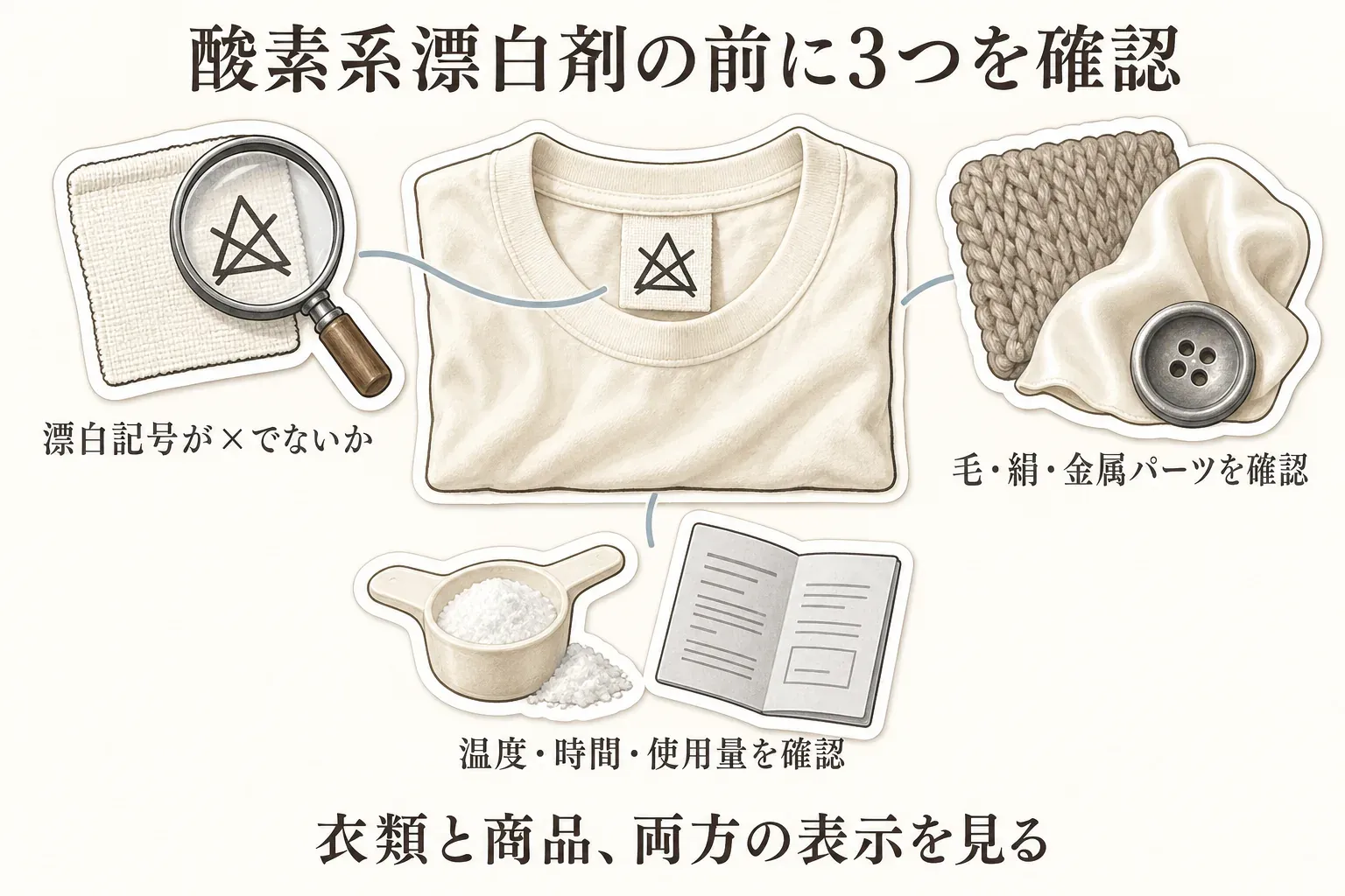 酸素系漂白剤を使う前の3つの確認点を示す図。衣類の漂白記号が×でないか、毛・絹・金属パーツを含む衣類でないか、粉末漂白剤の商品表示で温度・つけ置き時間・使用量を確認することを、Tシャツ、素材、計量スプーンと説明書で表している。衣類と商品の両方の表示を見ることを示している。