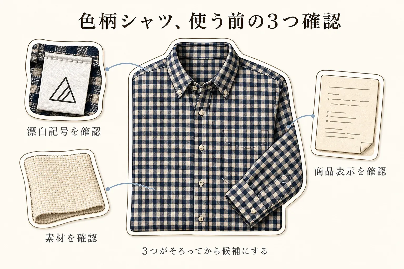 色柄シャツに漂白剤を使う前の3つの確認。シャツの洗濯表示にある漂白記号、シャツの素材、漂白剤の商品表示を確認し、3つがそろってから候補にする流れを示す図。