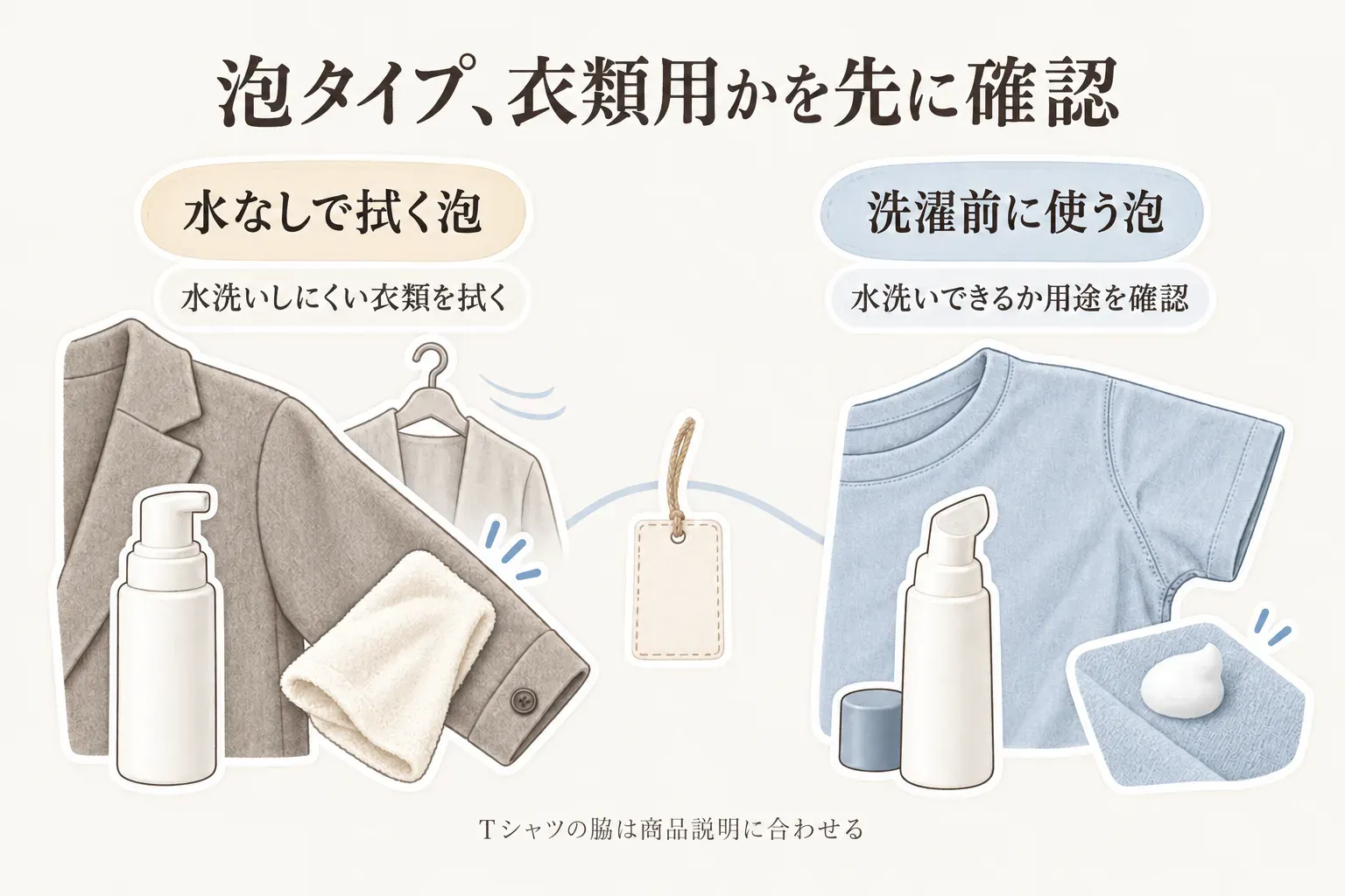 泡タイプを衣類用途で分ける図。水なしで拭く泡は水洗いしにくいアウターなどを布で拭く用途、洗濯前に使う泡は水洗いできるTシャツの脇などに使う用途として示し、Tシャツには商品説明に合うものを選ぶことを描いている。