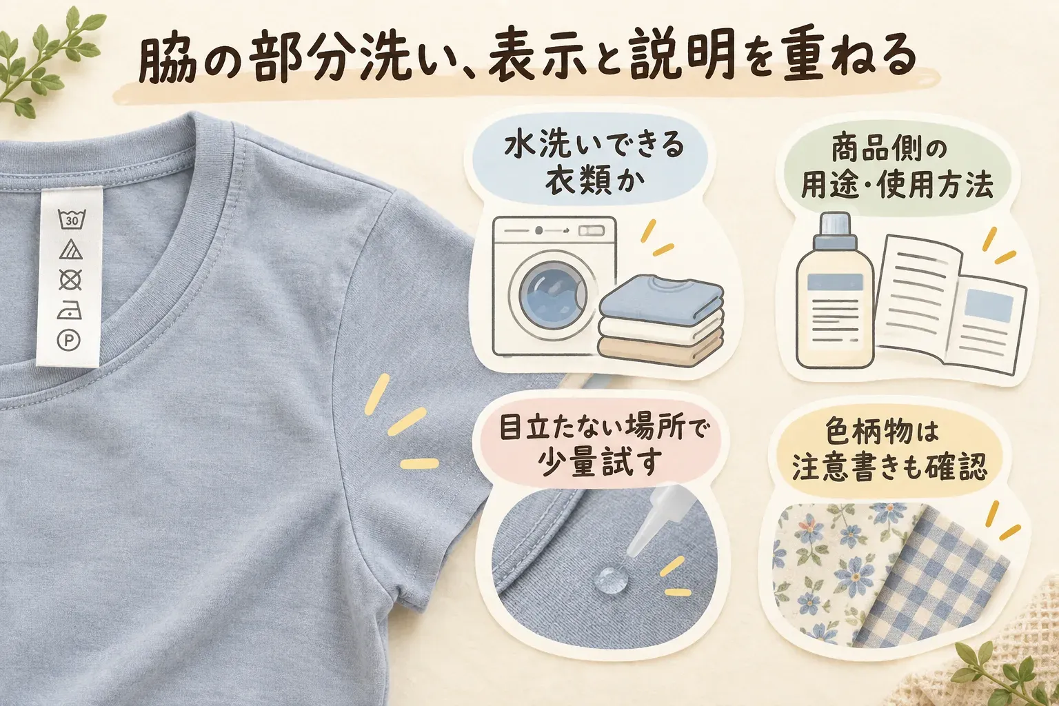 脇の部分洗いで衣類の表示と商品説明を重ねて確認する図。洗濯表示で水洗いできる衣類かを見て、商品側の用途・使用方法を確認し、色柄物は注意書きを読み、目立たない場所で少量を試す手順を描いている。