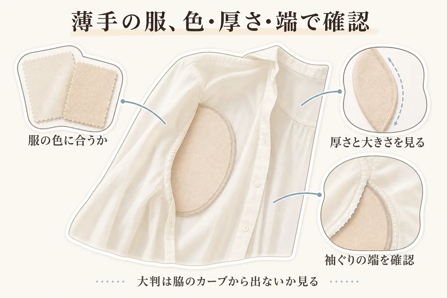 薄手の白いシャツにベージュの脇汗パッドを貼り、服の色とのなじみ、パッドの厚さと大きさ、袖ぐりのカーブから端が出ていないかを確認する図。