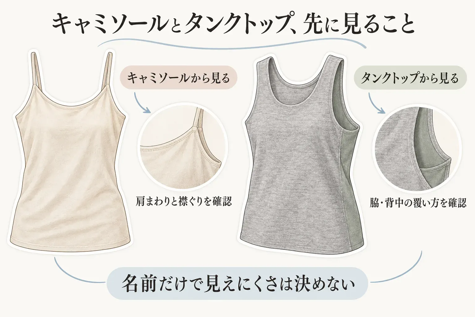 キャミソールとタンクトップで先に確認する点を比べる図。キャミソールはブラウスと重ねて肩まわりと襟ぐりを確認し、タンクトップは脇汗パッドを含む脇・背中の覆い方を確認する。名称だけで見えにくさを決めないことを示している。