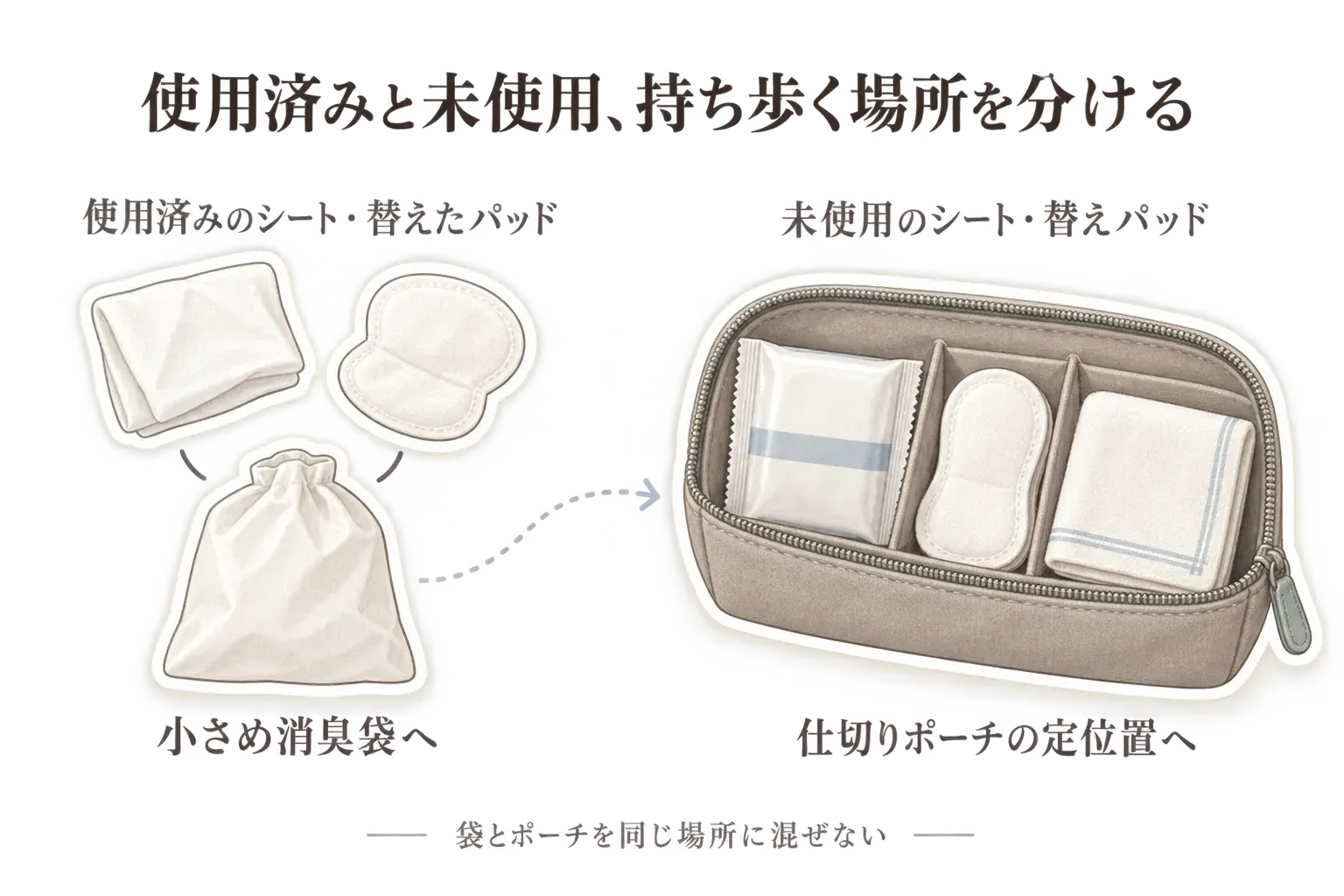 使用済みのシートと替えた脇汗パッドを小さめの消臭袋へ入れ、未使用のシートと替えパッドを仕切りポーチの定位置へ入れる持ち分けを示す図。袋とポーチを同じ場所に混ぜないよう案内している。