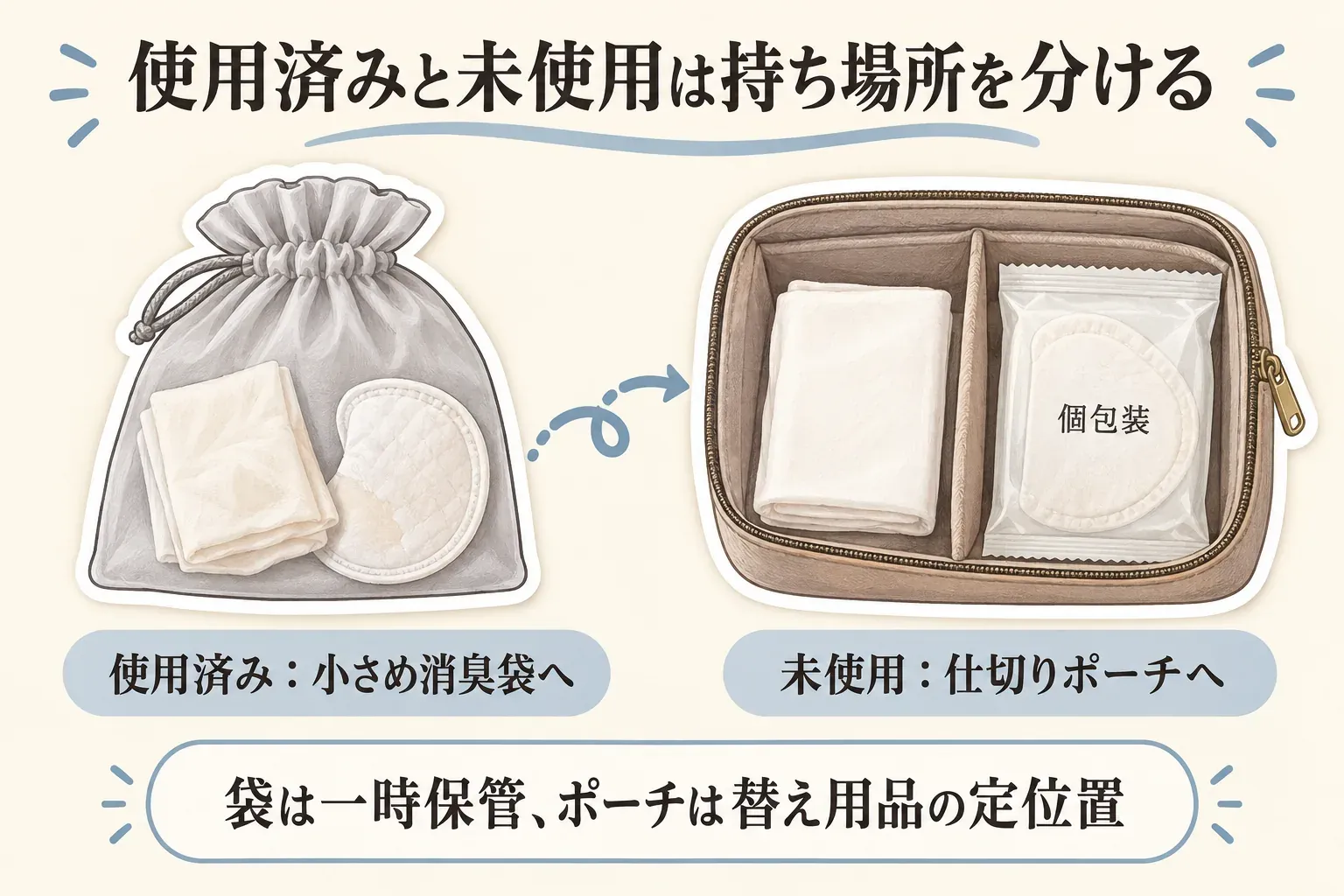 使用済みのシートと脇汗パッドは小さめ消臭袋へ、未使用のシートと個包装の替えパッドは仕切りポーチへ入れる図。袋は一時保管、ポーチは替え用品の定位置という役割を示している。