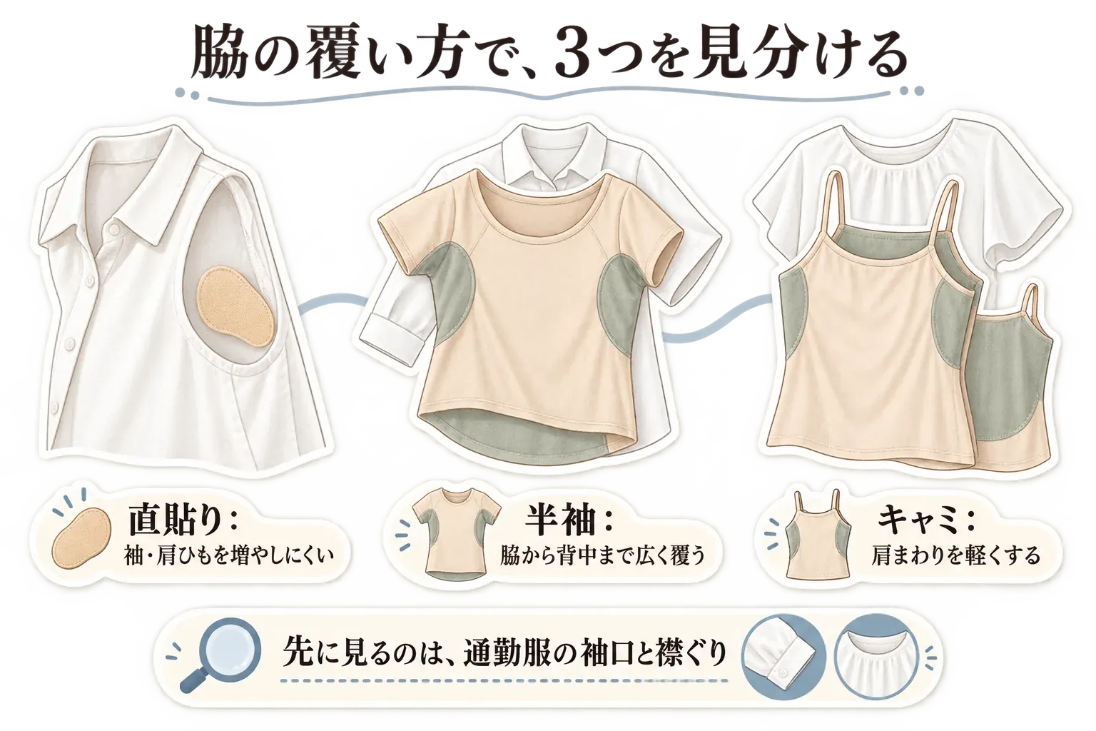 貼る脇汗パッド・パッド付き半袖・汗取りキャミソールの脇の覆い方を比較する図。直貼りは袖や肩ひもを増やしにくく、半袖は脇から背中まで広く覆い、キャミソールは肩まわりを軽くすること、通勤服では袖口と襟ぐりを先に確認することを示す。