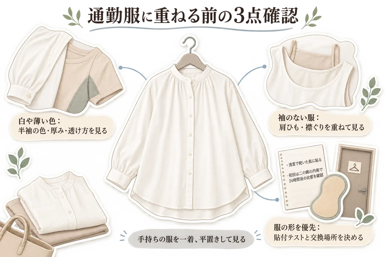 通勤服に重ねる前の確認点を示す図。白や薄い色の服では半袖インナーの色・厚み・透け方を、袖のない服ではキャミソールの肩ひもと襟ぐりを、服の形を優先する日は貼る脇汗パッドの貼付テストと交換場所を確認し、手持ちの服を平置きして見ることを示す。