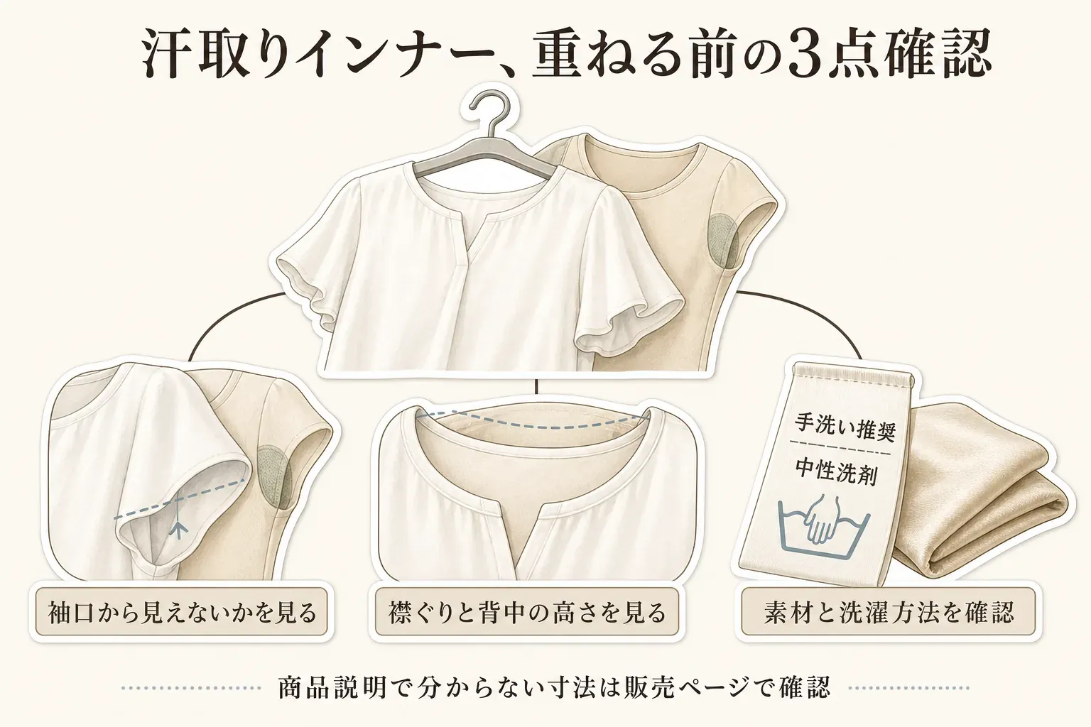 汗取りインナーを重ねる前の確認点を示す図。ブラウスとフレンチ袖インナーを描き、袖口から見えないか、襟ぐりと背中の高さ、素材と洗濯方法を確認し、商品説明で分からない寸法は販売ページで確認することを示している。