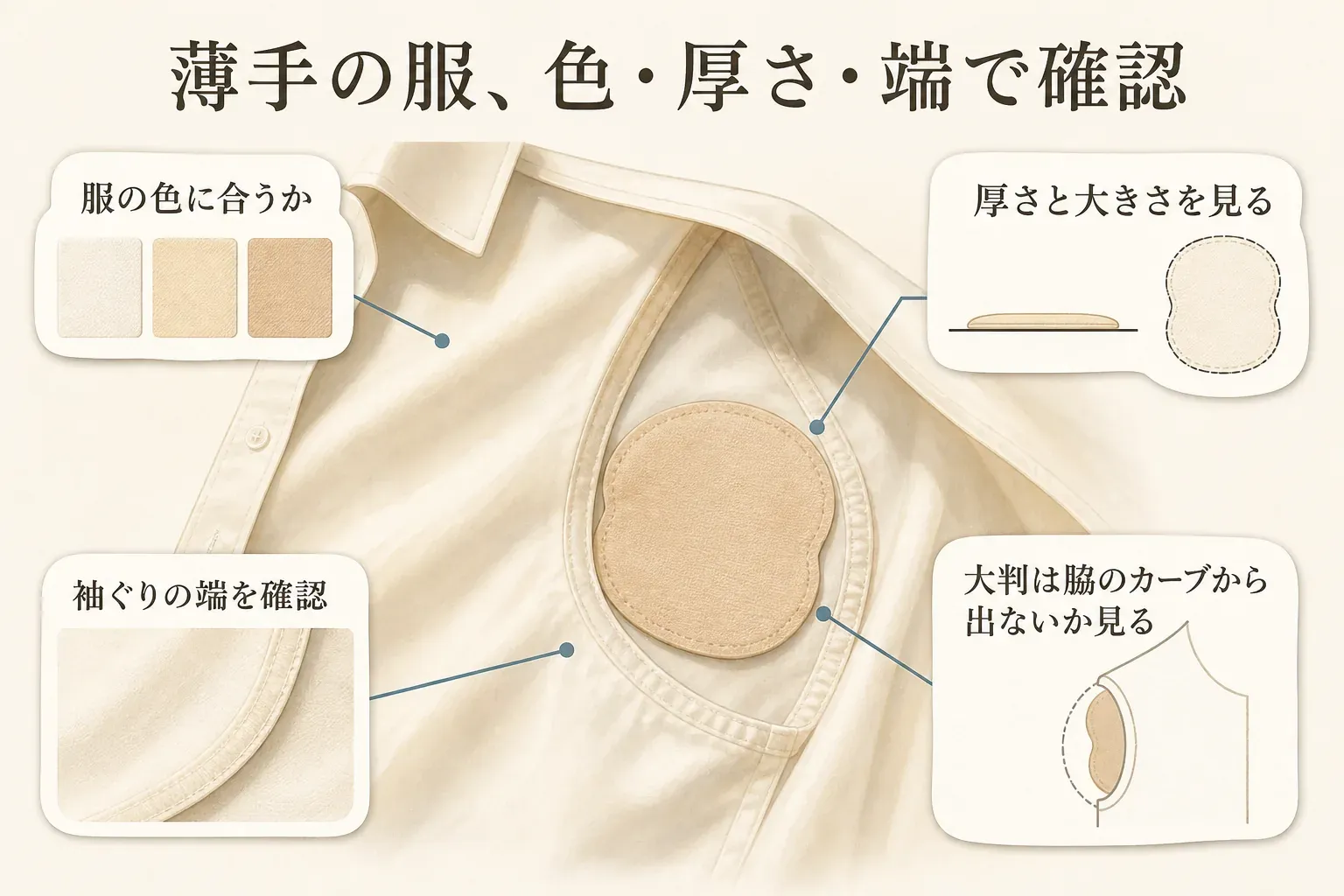 薄手の白いシャツの脇にベージュの脇汗パッドを貼り、服の色に合うか、厚さと大きさ、袖ぐりの端、大判パッドが脇のカーブから出ないかを確認する図。