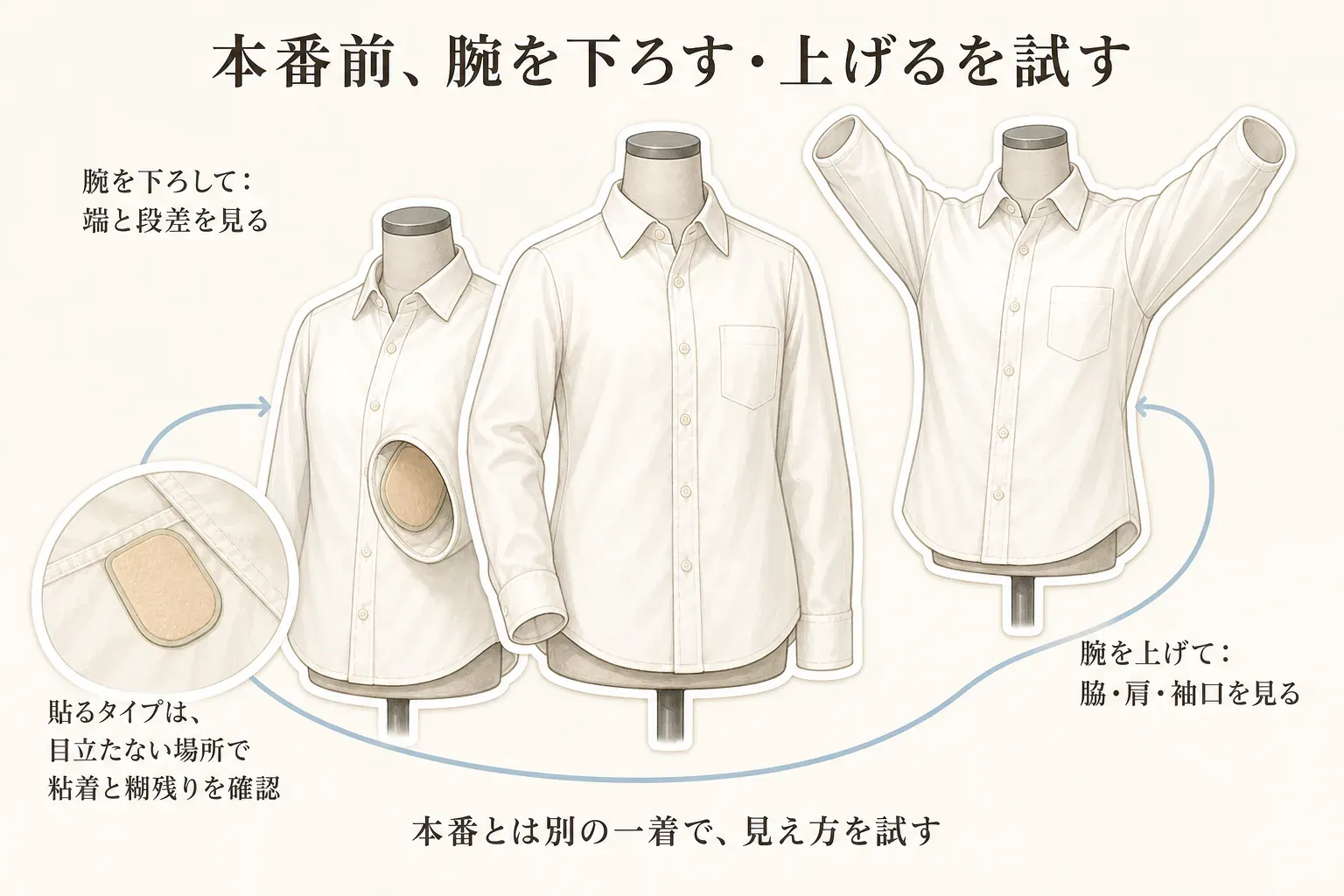 白シャツに脇汗パッドを合わせ、本番前に腕を下ろしたときは端と段差を、腕を上げたときは脇・肩・袖口を確認する図。貼るタイプは目立たない場所で粘着と糊残りも確かめる。