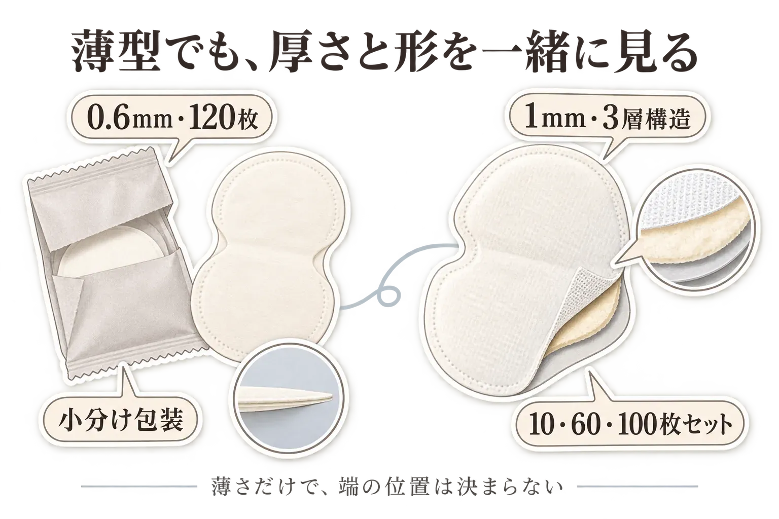 脇汗パッドを薄さだけでなく形と貼る位置で確認する図。厚さ0.6mm・1mmの表示に加え、パッドの大きさ、切り込みやスリット、粘着面の形、袖ぐりのカーブと縫い目から端がはみ出さないかを見るポイントを示している。