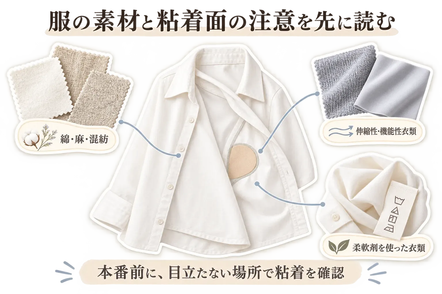 脇汗パッドと衣類の素材・粘着の相性を確認する図。小林製薬公式の注意として、麻・綿・混紡、伸縮性のある衣類、機能性衣類、柔軟剤を使用した衣類では接着しにくい場合があること、素材表示と粘着面の注意書きを読み、目立たない場所で試すことを示している。