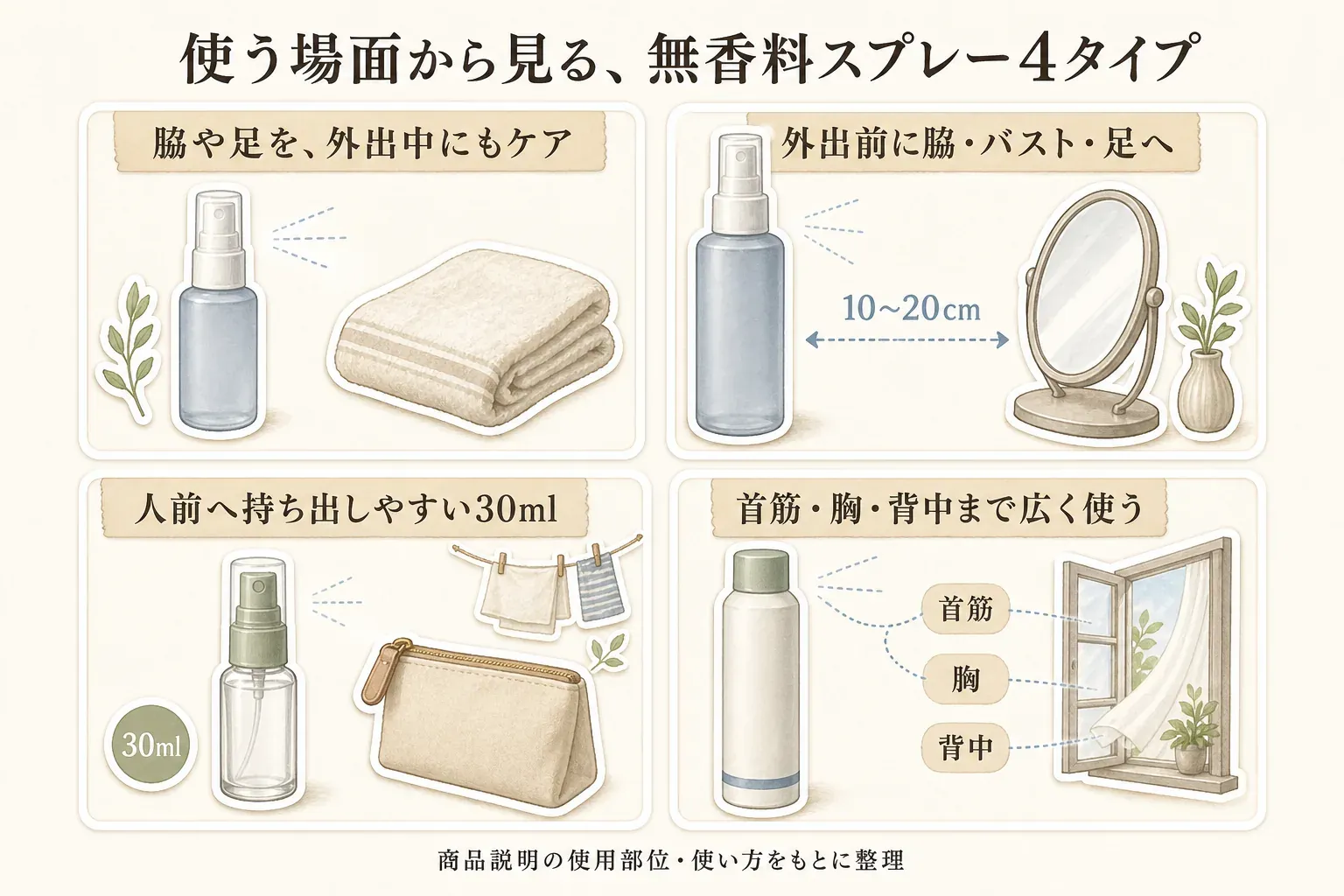 無香料スプレー4タイプの使用場面を整理した図。脇や足を外出中にケア、外出前に脇・バスト・足へ、30mlを人前へ持ち出し、首筋・胸・背中まで広く使う場面を、商品説明の使用部位・使い方をもとに示す。