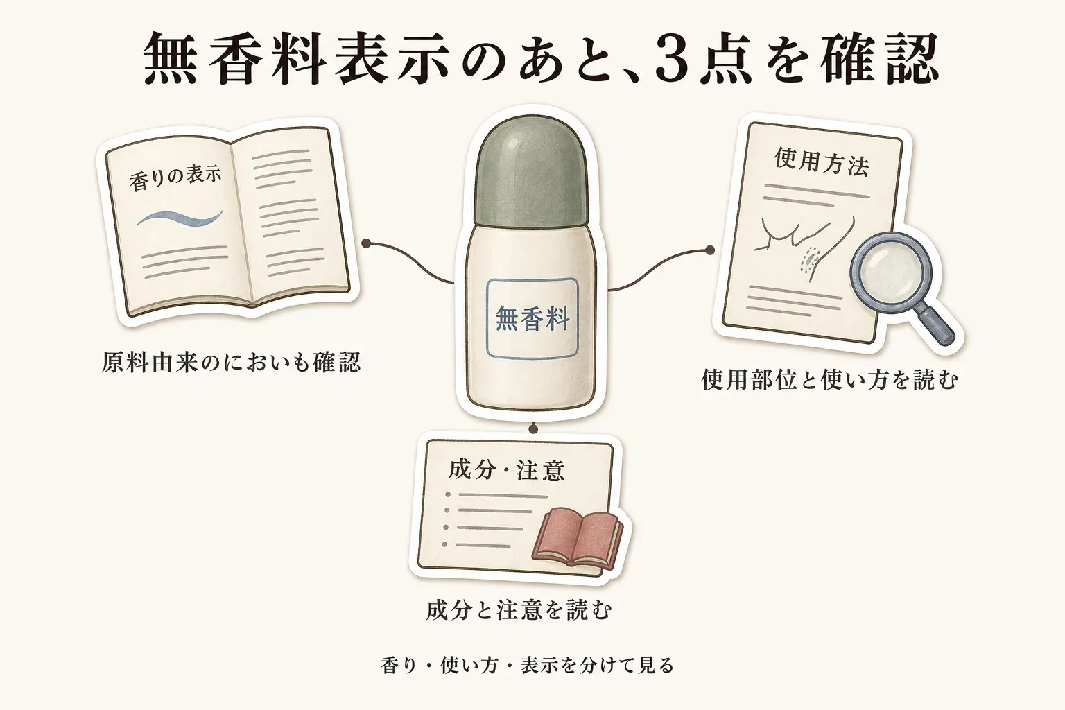 無香料デオドラントを選ぶ際に確認する3点。香りの表示と原料由来のにおい、使用部位と使い方、成分と使用上の注意を分けて読むことを示す図。