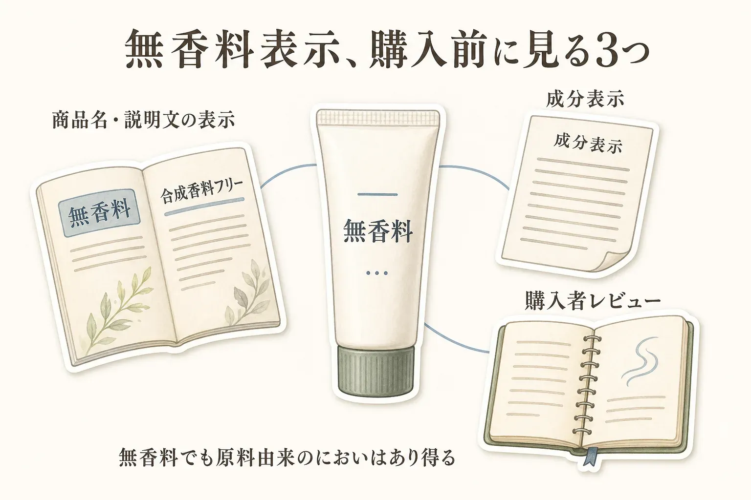 無香料表示を購入前に確認する3つの場所を示す図。商品名・説明文の「無香料」「合成香料フリー」の表示、成分表示、購入者レビューを確認し、無香料でも原料由来のにおいはあり得ることを示している。