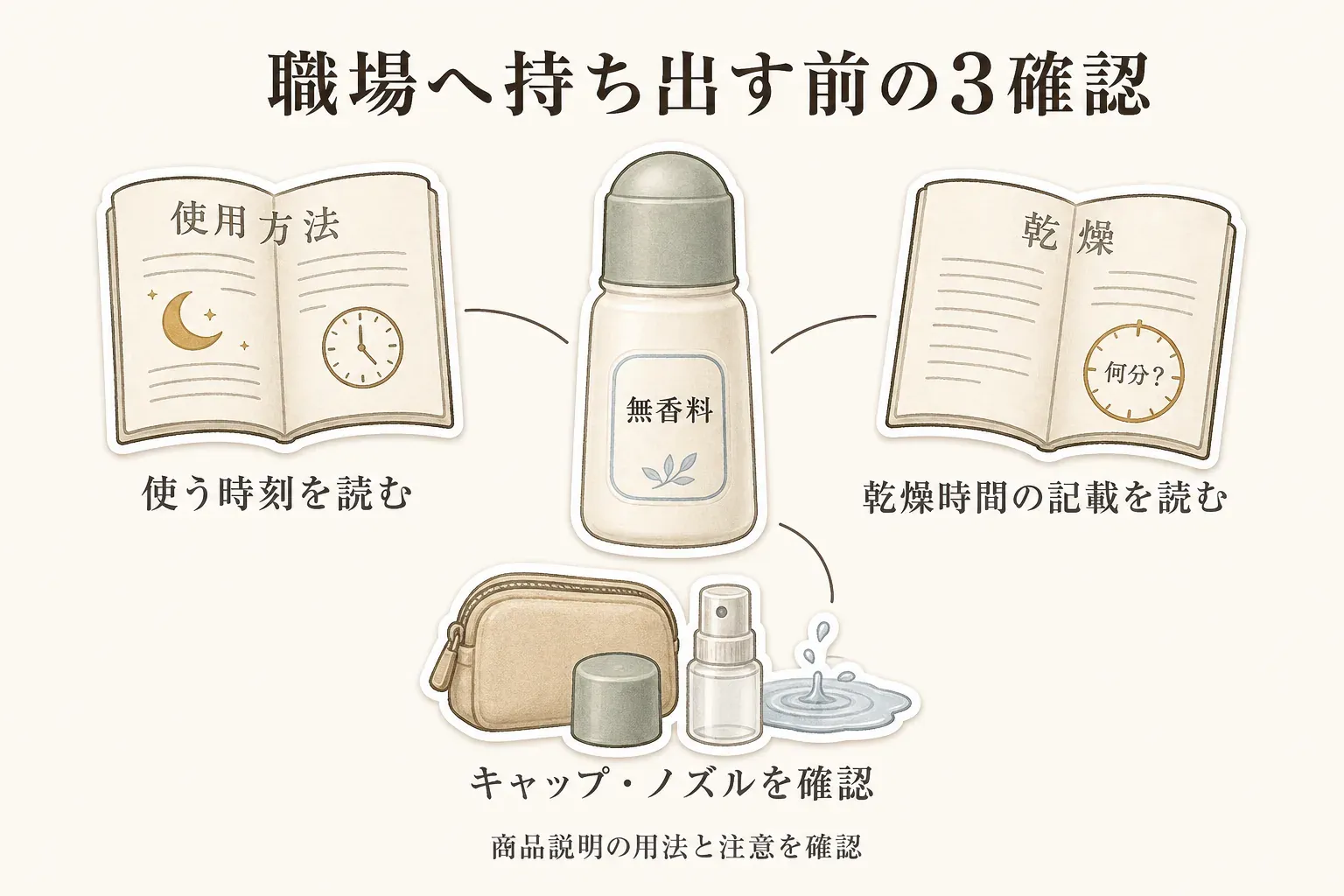 職場へ無香料ロールオンを持ち出す前の3確認。商品説明で使う時刻を読むこと、乾燥時間の記載を読むこと、キャップとスプレーノズルを確認することを示す図。