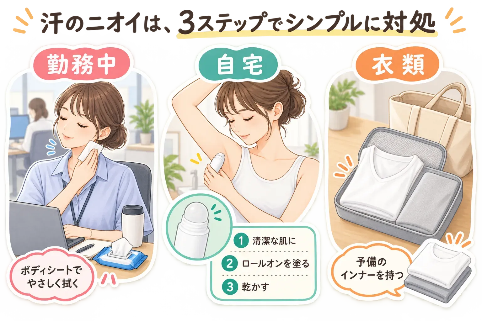 汗のにおい対策を勤務中・自宅・衣類の3つに分ける図。勤務中はボディシートでやさしく拭き、自宅では清潔な肌にロールオンを塗って乾かし、衣類は予備のインナーを持つ流れを示している。