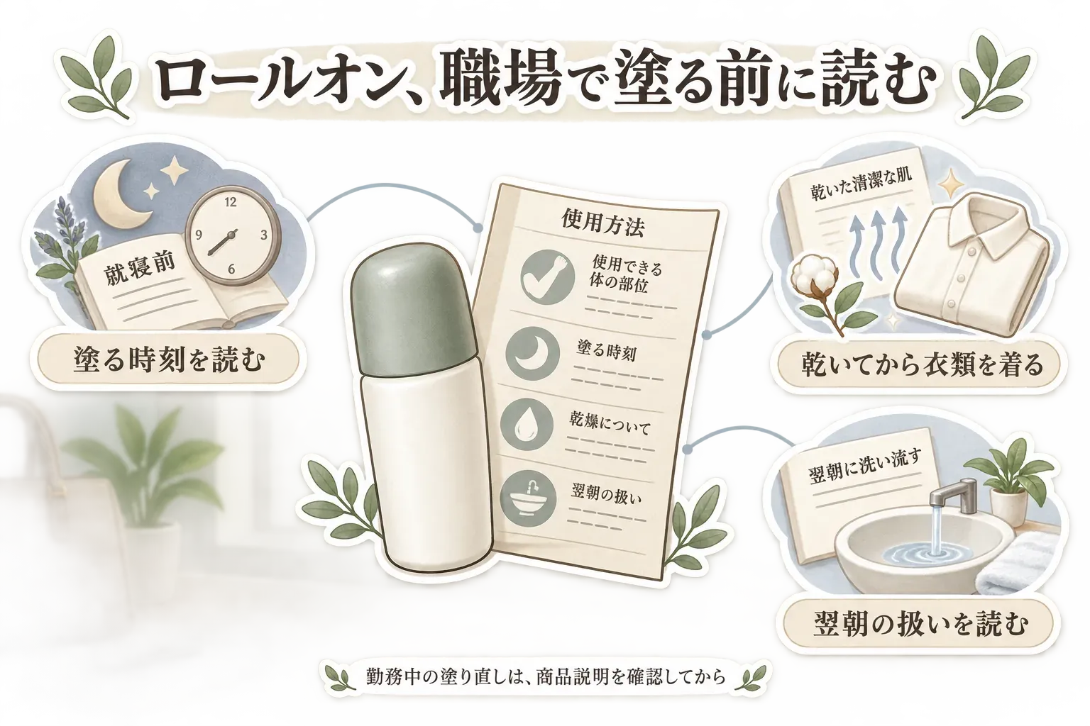 ロールオンを職場で塗る前に確認する項目を示す図。使用方法から使える体の部位、塗る時刻、乾燥、翌朝の扱いを読み、就寝前に使う案内、乾いてから衣類を着ること、翌朝に洗い流す案内を確認する流れ。勤務中の塗り直しは商品説明を確認してから行うことを示している。