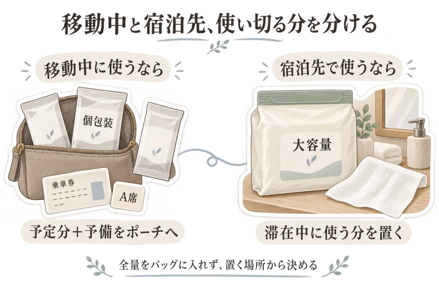 移動中と宿泊先でボディシートの使い切る分を分ける図。移動中は個包装を予定分と予備だけポーチに入れ、宿泊先では大容量を置いて滞在中に使う分を取り出し、全量をバッグに入れないことを示している。